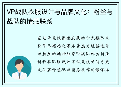 VP战队衣服设计与品牌文化：粉丝与战队的情感联系