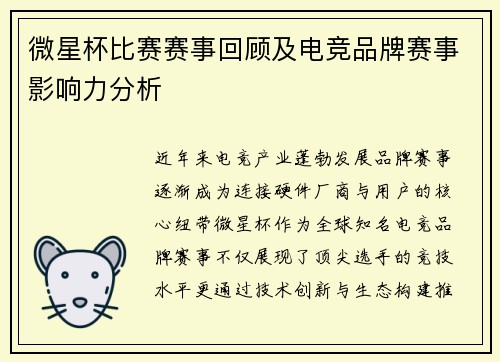 微星杯比赛赛事回顾及电竞品牌赛事影响力分析